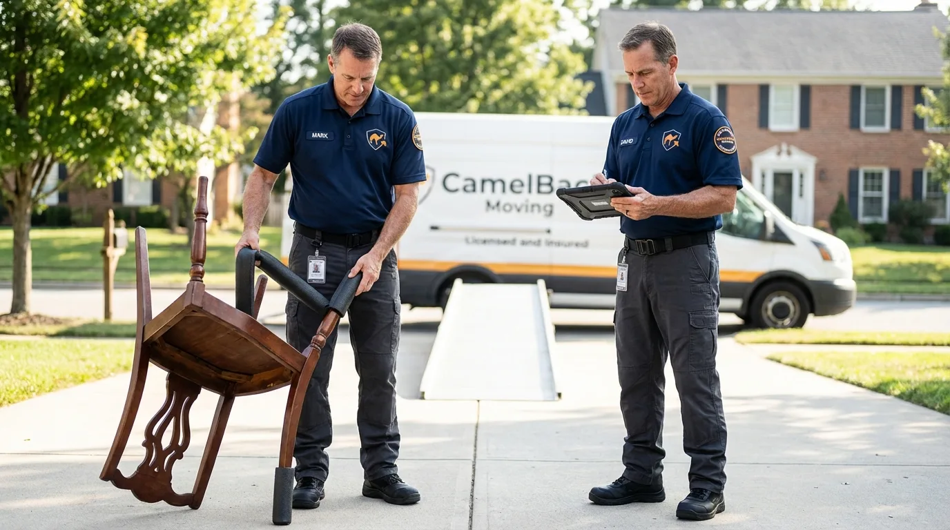 Movers inspecting furniture for damage prevention before loading in Lacey, WA