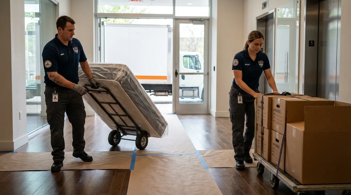 Professional apartment movers loading elevator in Lacey, WA